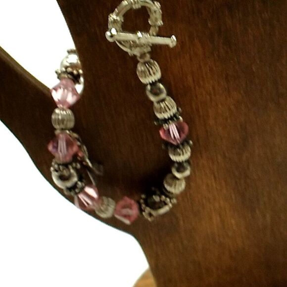 Pink & Silver-tone Breast Cancer Awareness Beaded Bracelet w Sterling Pink Charm - Picture 11 of 11